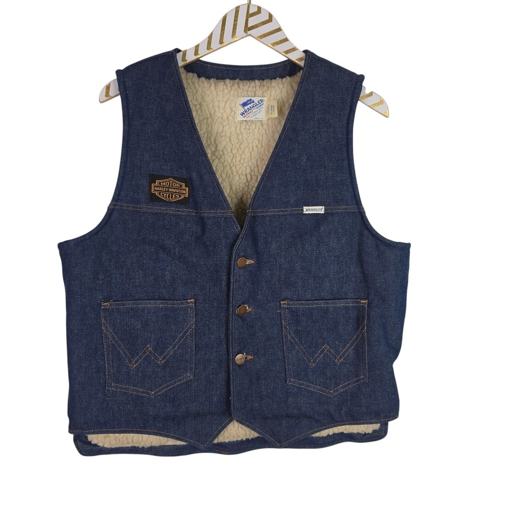 Vintage Wrangler Harley Davidson Vest Mens Large Blue Sherpa Lined Denim Biker
